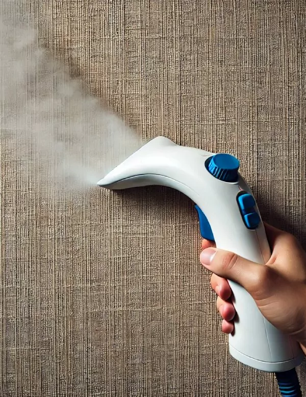 Steam cleaner shown near fabric as a warning to check Roman blind fabric suitability before steam cleaning