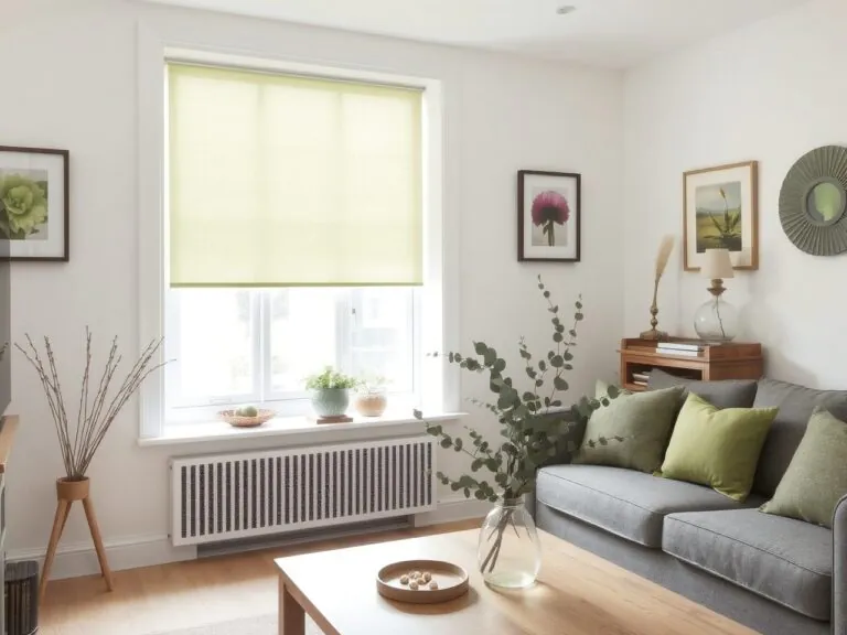 2025 Colour Trends: Be Inspired By Natural Interior Colours - Modern UK living room with a large window dressed in a sage green roller blind, grey sofa with matching cushions, wooden coffee table with a vase of eucalyptus, and soft natural light creating a warm, nature-inspired ambience