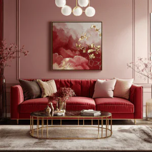 Precious Jewel Colours: Dazzling Interior Trends for 2025 - Modern living room with pale pink walls, ruby red sofa, and gold decorative accents. Jewel Tone Interior Design Trends Northern Ireland 2