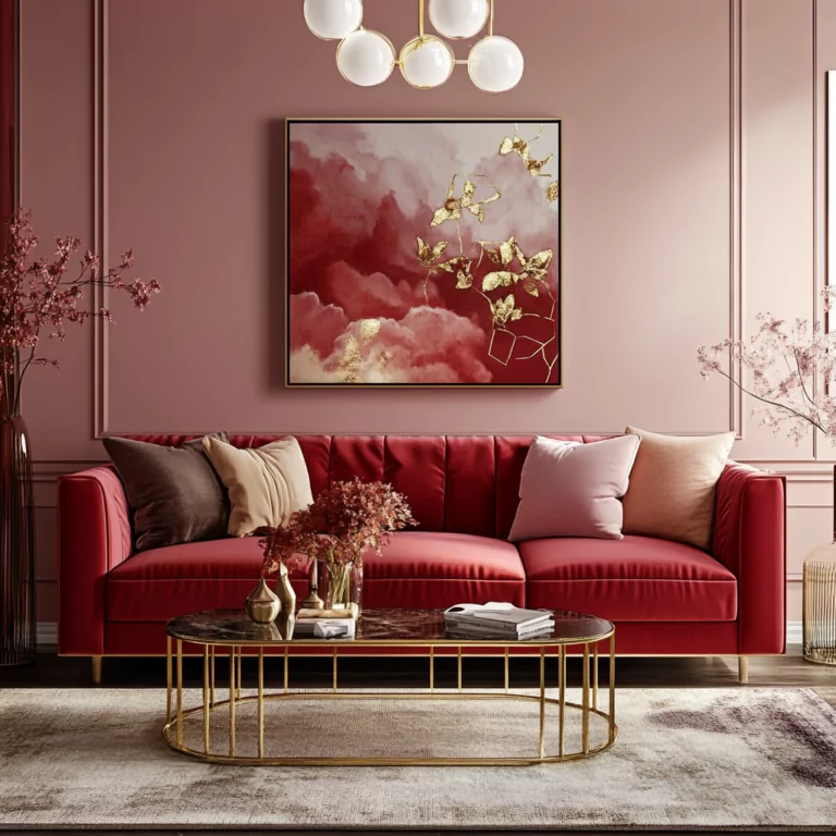Precious Jewel Colours: Dazzling Interior Trends for 2025 - Modern living room with pale pink walls, ruby red sofa, and gold decorative accents. Jewel Tone Interior Design Trends Northern Ireland 2