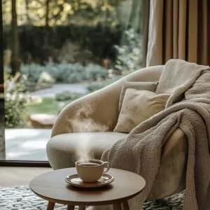Embrace Quiet Luxury: The Ultimate 2025 Interior Trend. A spa-like corner with a plush armchair, cashmere throw, and a view of a tranquil garden.