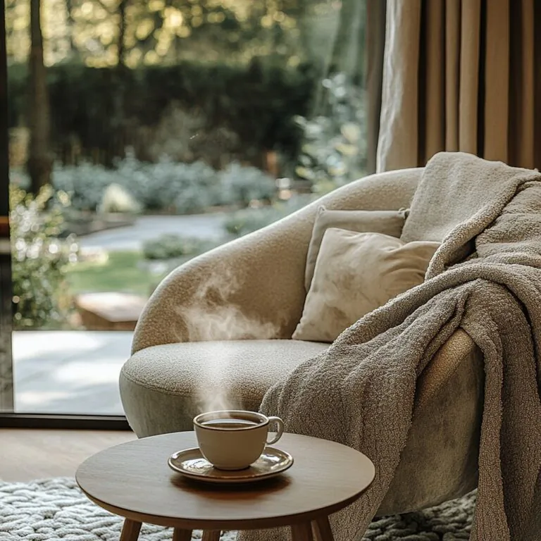 Embrace Quiet Luxury: The Ultimate 2025 Interior Trend. A spa-like corner with a plush armchair, cashmere throw, and a view of a tranquil garden.