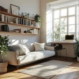 The Rise of Multifunctional Spaces: Spring 2025’s Hottest Interior Design Trend A bright, open-plan living room transformed into a multifunctional space, featuring a modular sofa, a foldable desk in the corner, and a stylish coffee table with storage. Sunlight pours in through large windows with sheer blinds.