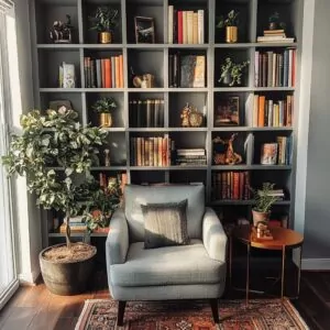 Tips for Crafting a Luxurious Reading Nook A modern bookcase filled with colour-coordinated books, small potted plants, and decorative accents like brass bookends. A cosy armchair and a side table sit nearby. Crafting a Luxurious Reading Nook - Top 5 tips for 2025