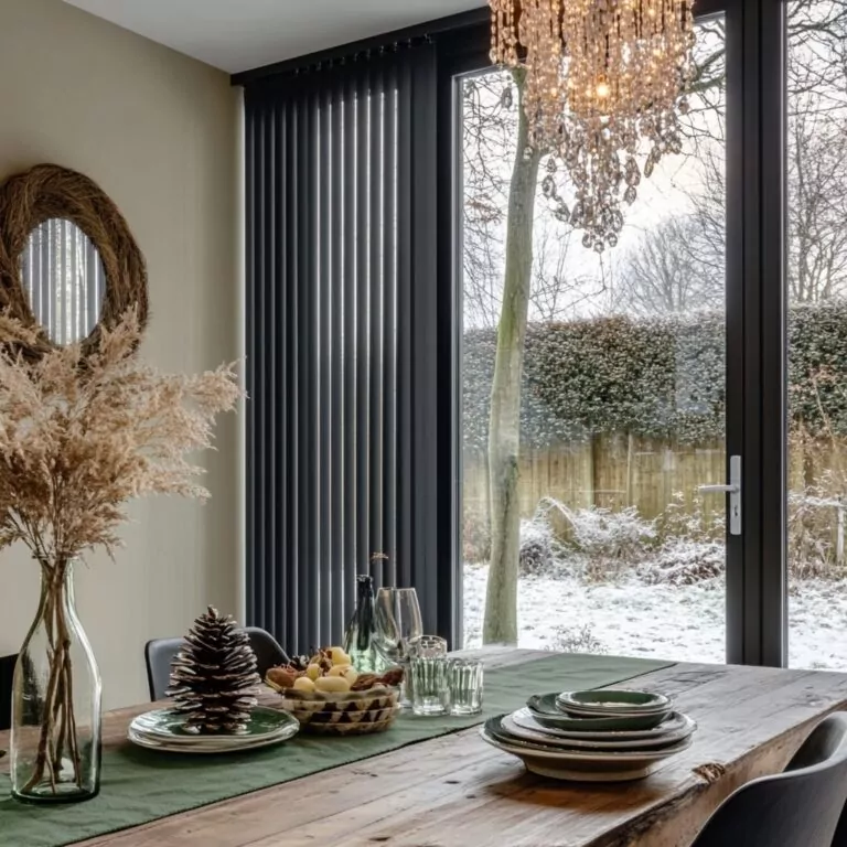 Maximise Natural Light: The Winter Edition A stylish dining room featuring elegant black vertical blinds framing large windows, with a view of a frosty winter garden outside. The soft winter light filters through the blinds, creating a warm and inviting atmosphere inside. The rustic wooden dining table is beautifully set with decorative plates and a green runner, while a sparkling chandelier and round mirror add a touch of luxury to the cosy space.
