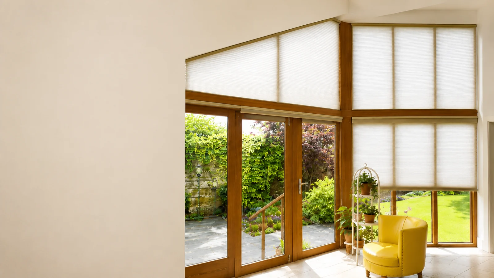 White cellular blinds fitted across tall timber-framed glazing overlooking a garden in Northern Ireland