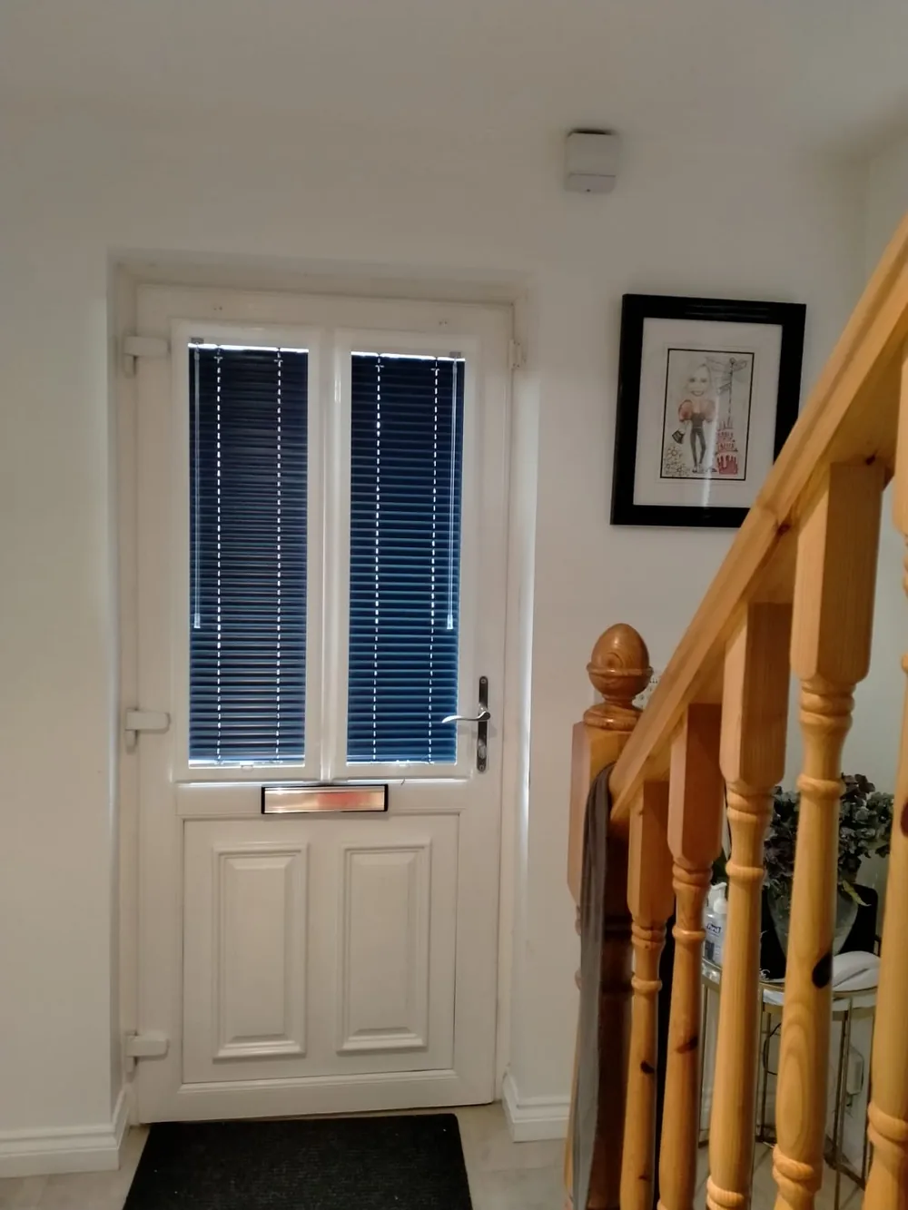 Real Village installation of dark Venetian Perfect Fit blinds on two glazed panels in a white entrance door