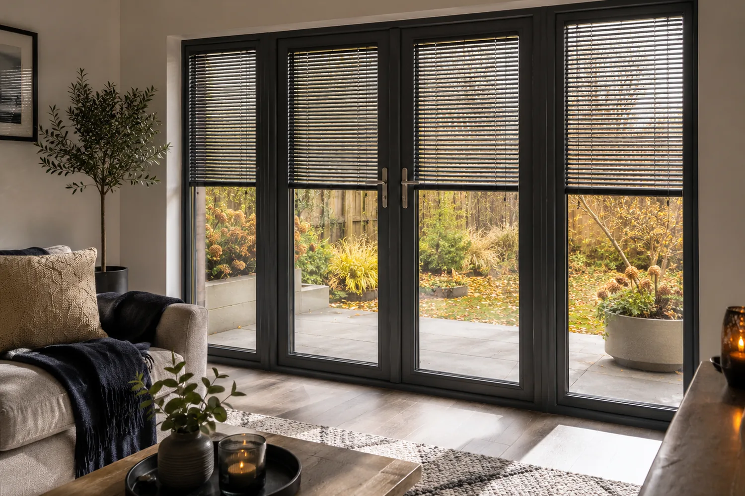 Dark Venetian Perfect Fit blinds fitted across wide glazed doors in a cosy living room with an autumn garden outside