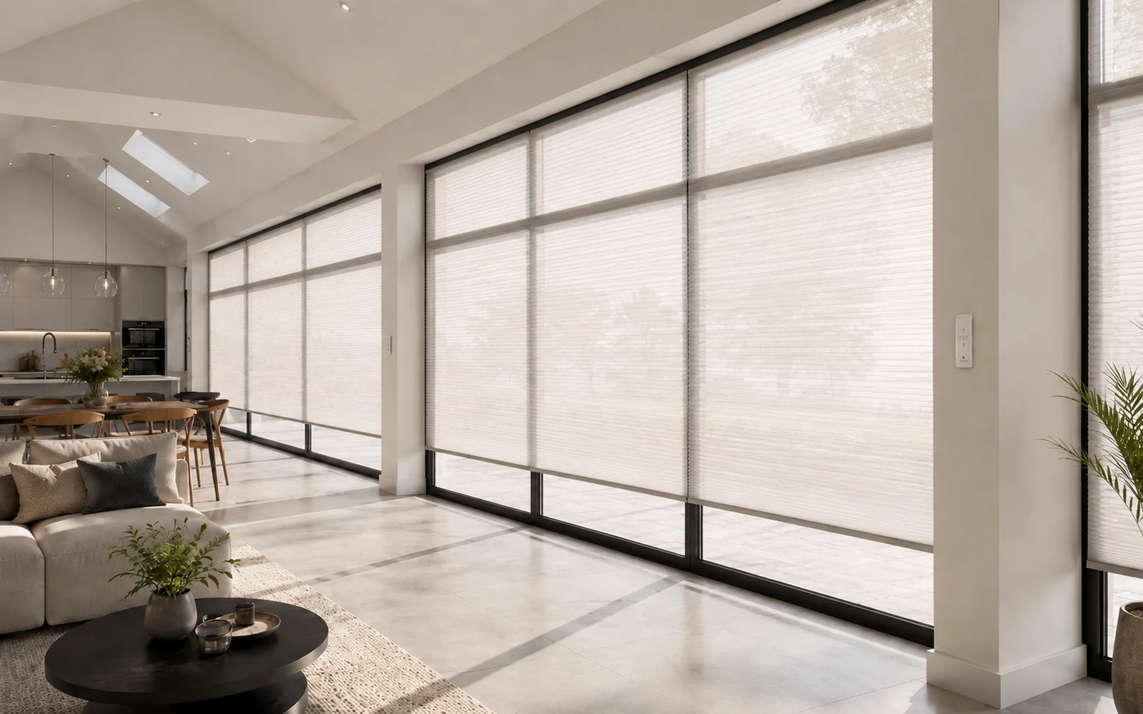 Motorised blinds filtering daylight across a large modern glazed living area