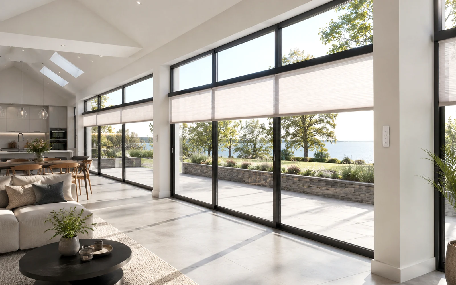 Motorised blinds across large black-framed glazing in a bright modern living space