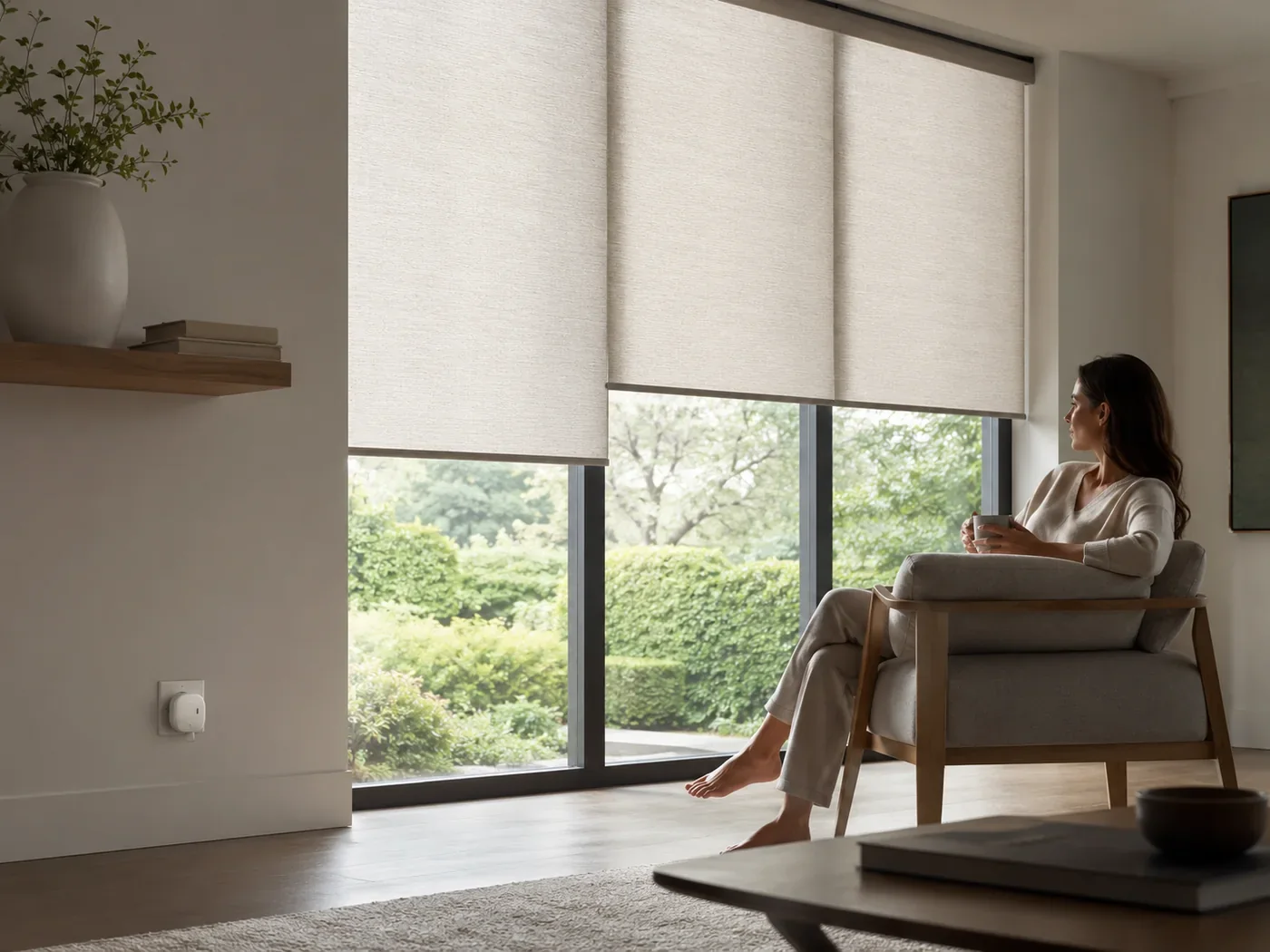 Smart blind app showing rooms, grouped blinds and saved scenes