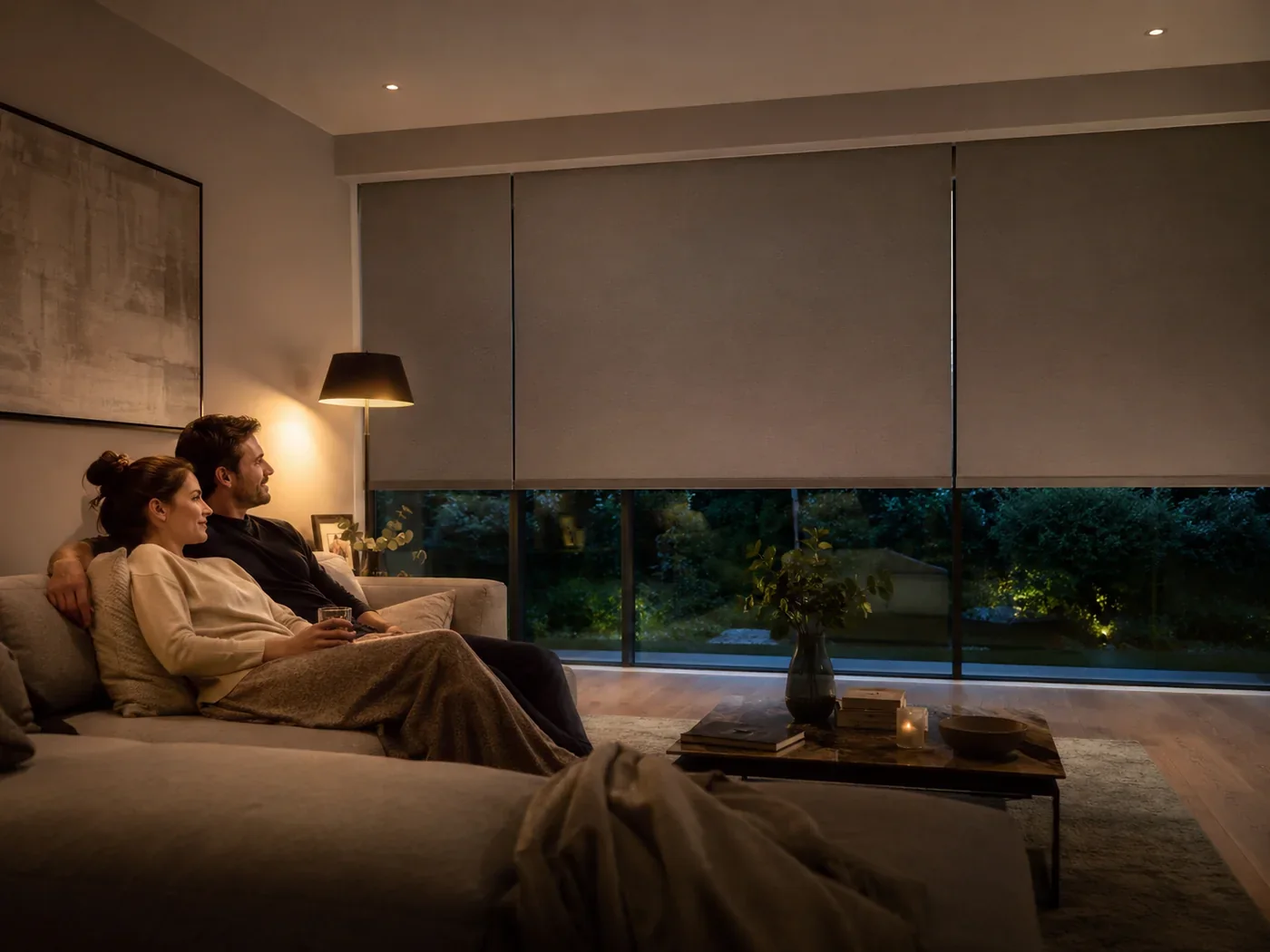 Couple relaxing in a living room with motorised blinds lowered for evening privacy
