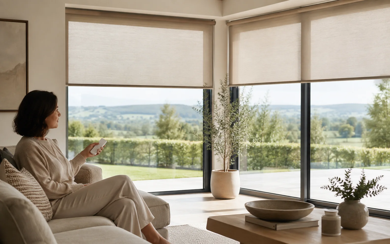 Woman using a remote to control battery-powered motorised roller blinds in a bright living room