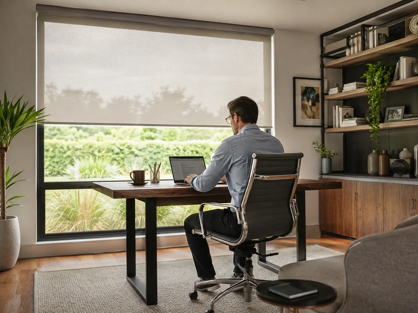 Man working at a desk beside a motorised roller blind controlling screen glare