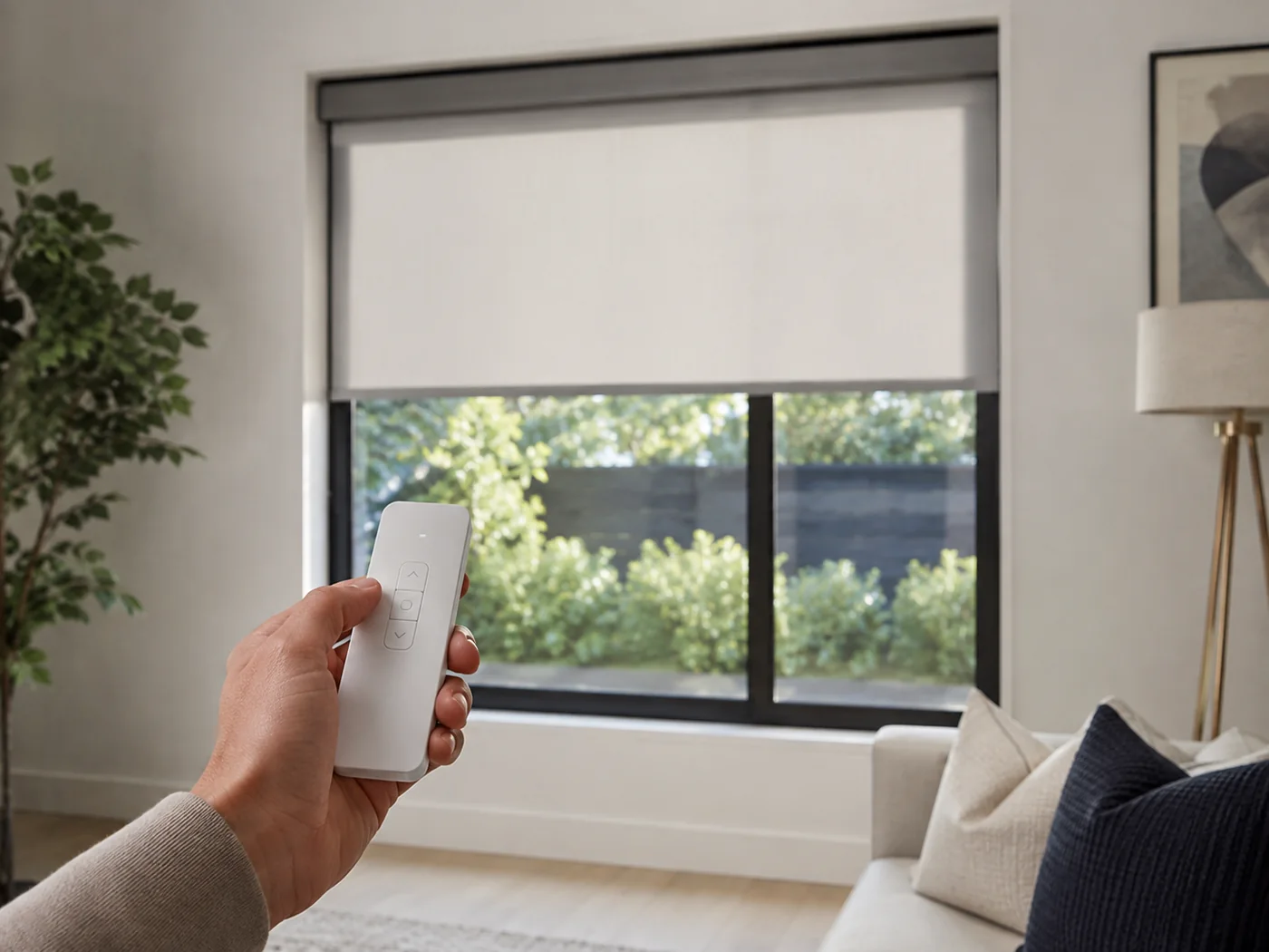 Handheld remote being used to adjust a rechargeable motorised roller blind