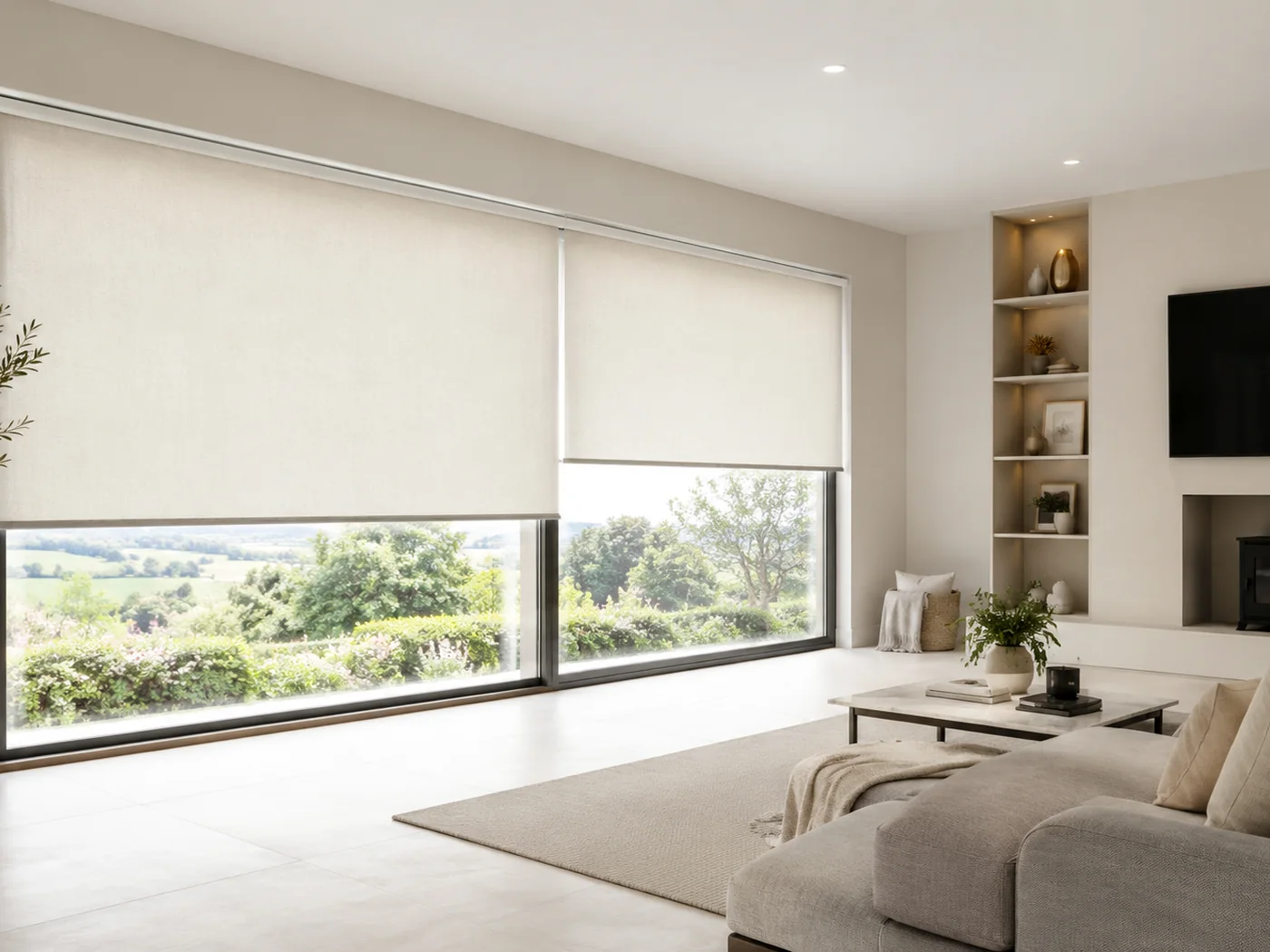 Large living room with motorised blinds lowered part way to soften bright daylight