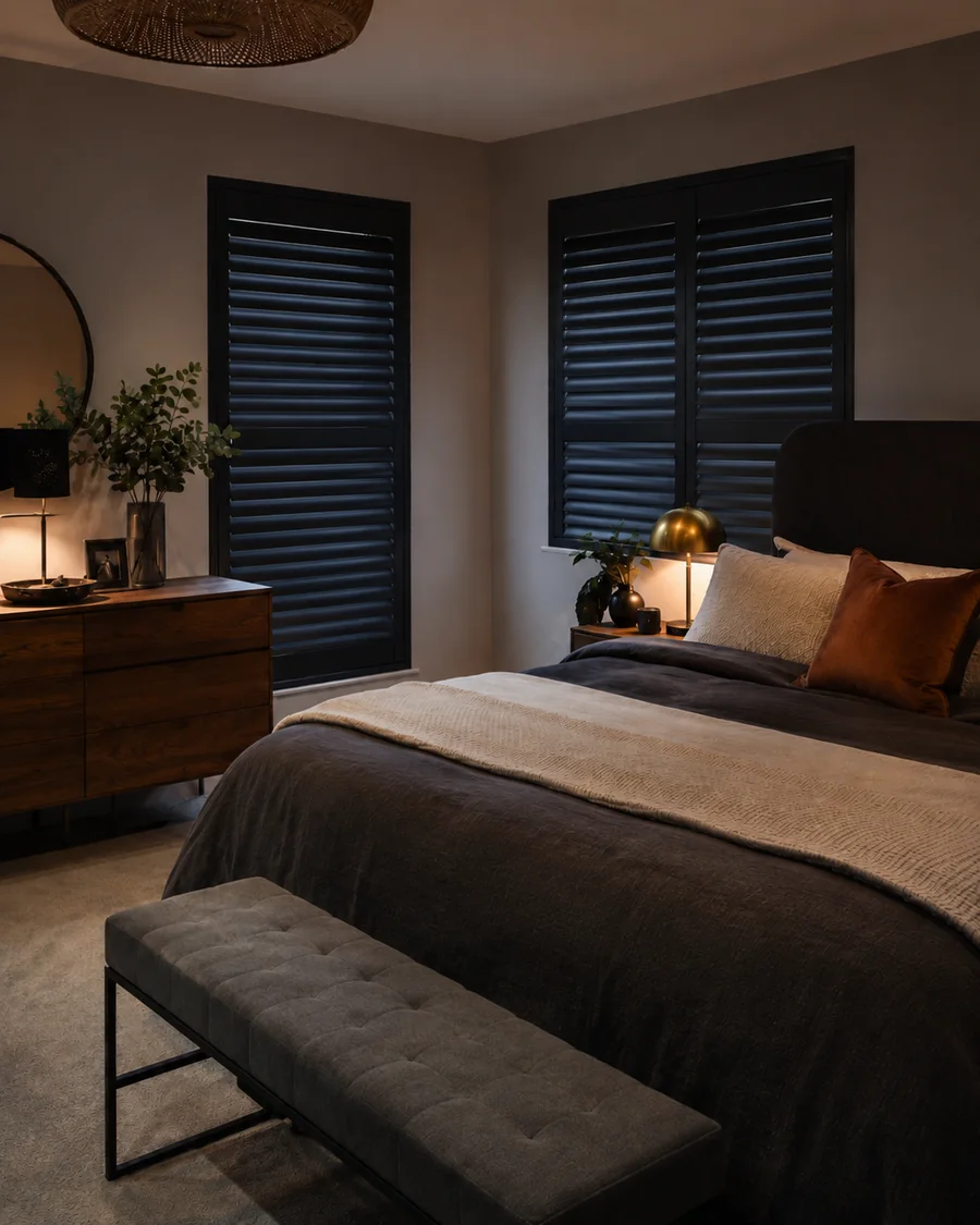 Moody bedroom with deep charcoal plantation shutters and hidden tilt