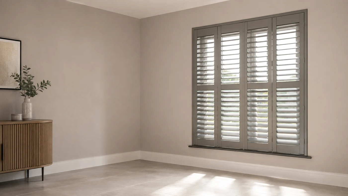 Warm neutral living space with stone-grey plantation shutters and daylight filtering through the louvres