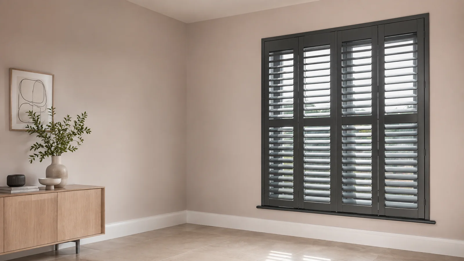 Modern taupe room with anthracite plantation shutters positioned to the right and sideboard styling on the left