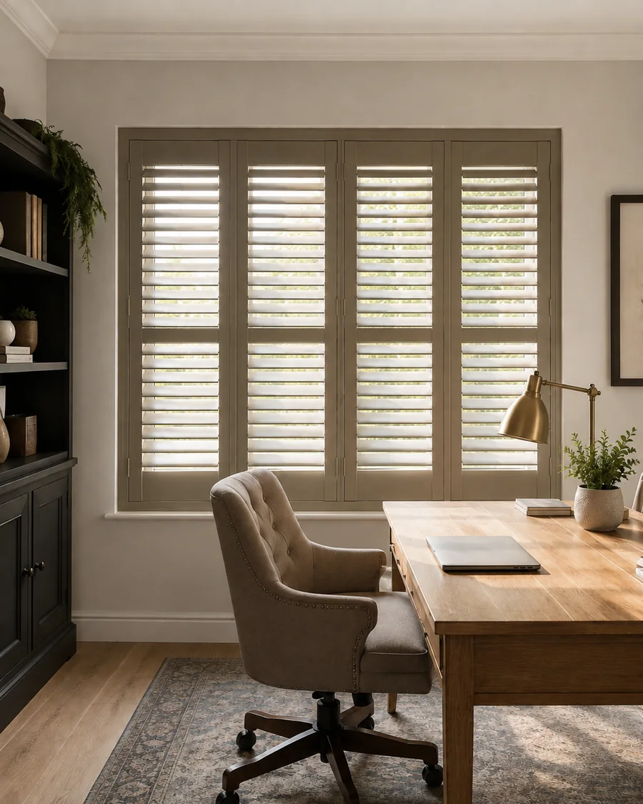 Home office with warm grey plantation shutters and mid rails