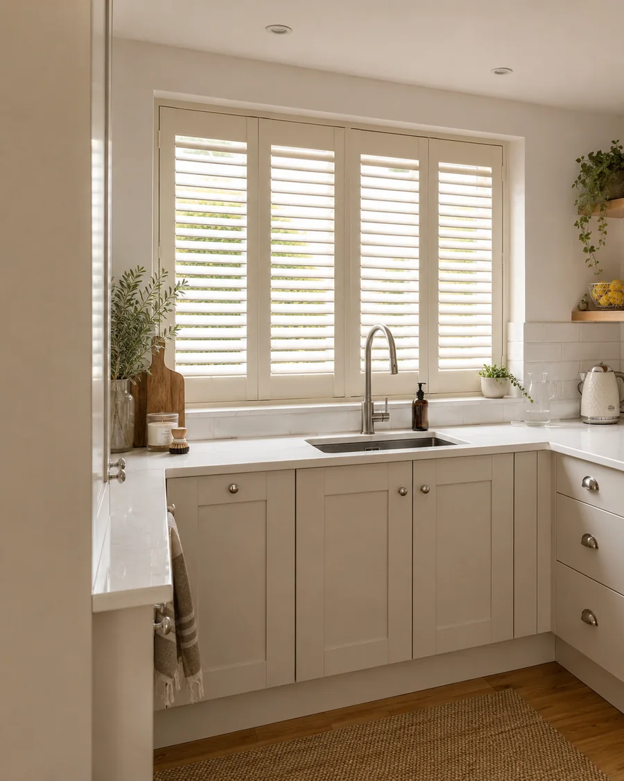 Warm kitchen with soft white plantation shutters above the sink