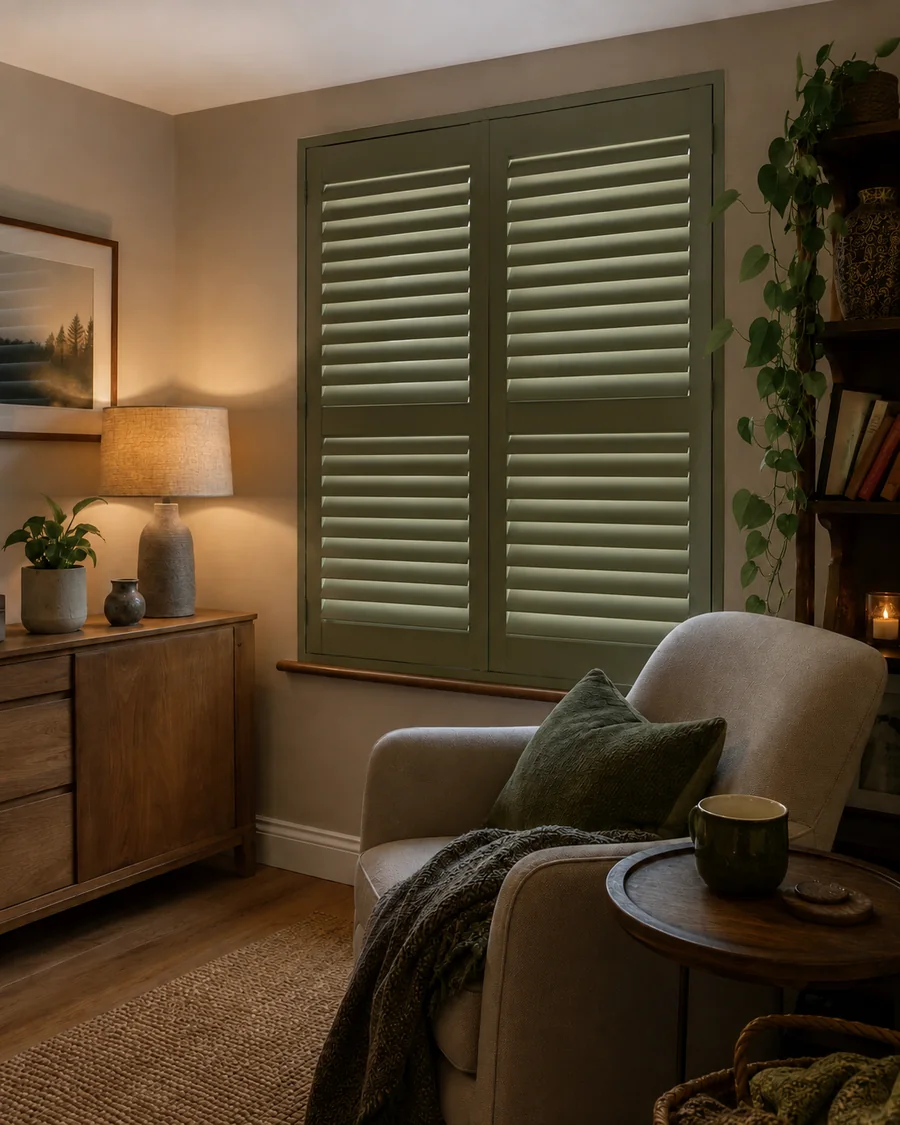 Cosy reading room with muted olive plantation shutters and mid rail