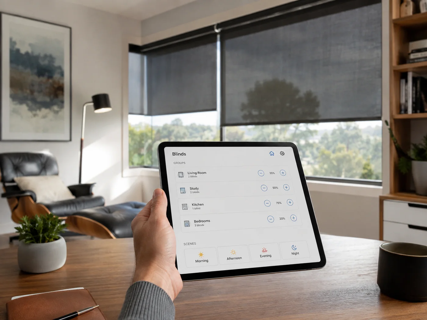 Tablet displaying grouped smart control for motorised blinds in several rooms