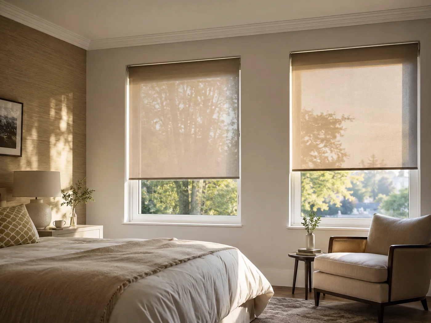 Bedroom with motorised roller blinds creating a calm evening setting
