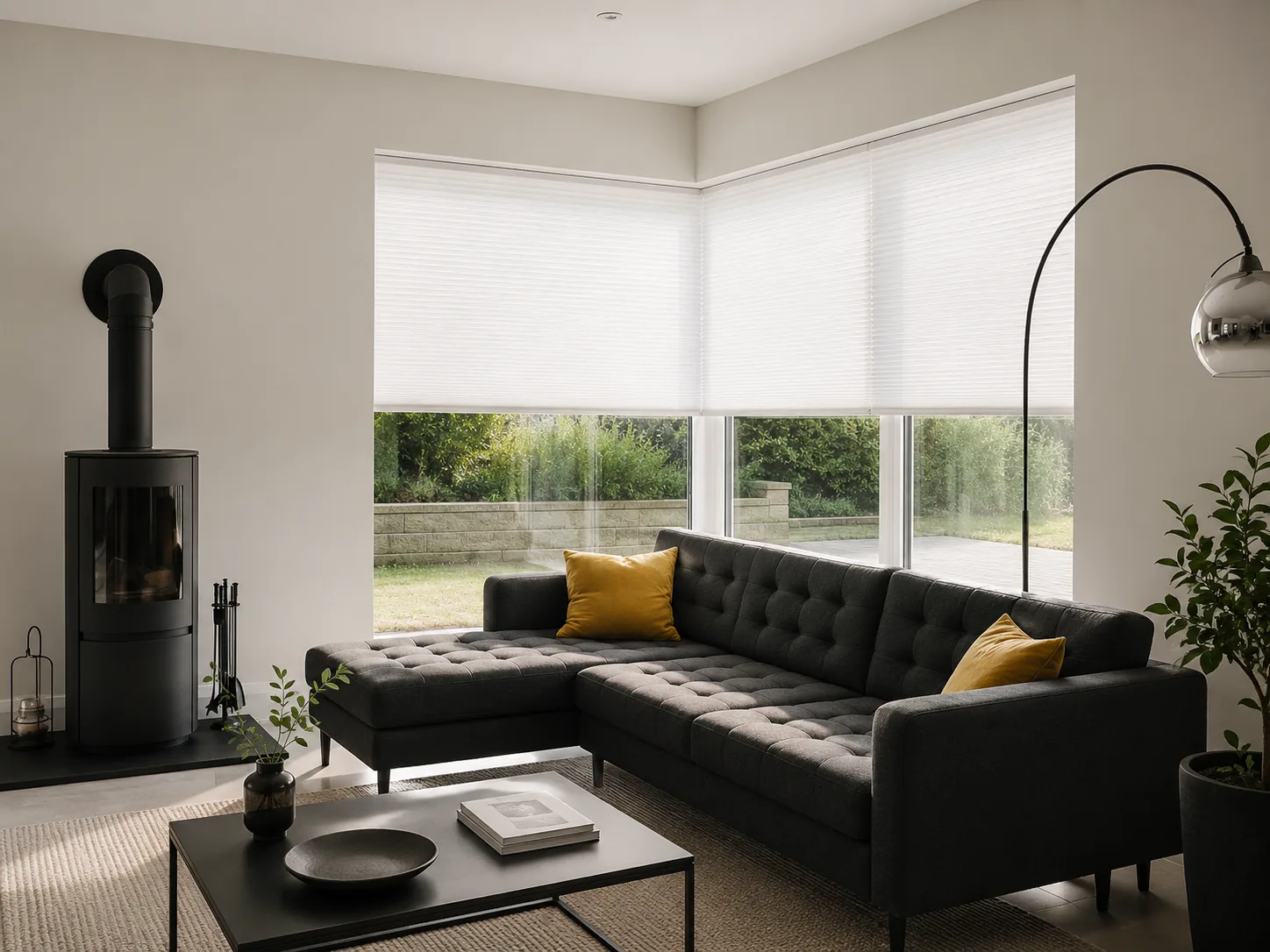 Light-filtering cellular blinds creating a comfortable modern living room