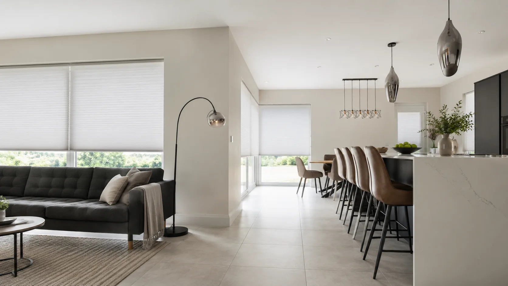 Motorised cellular blinds in a modern open-plan Northern Ireland home