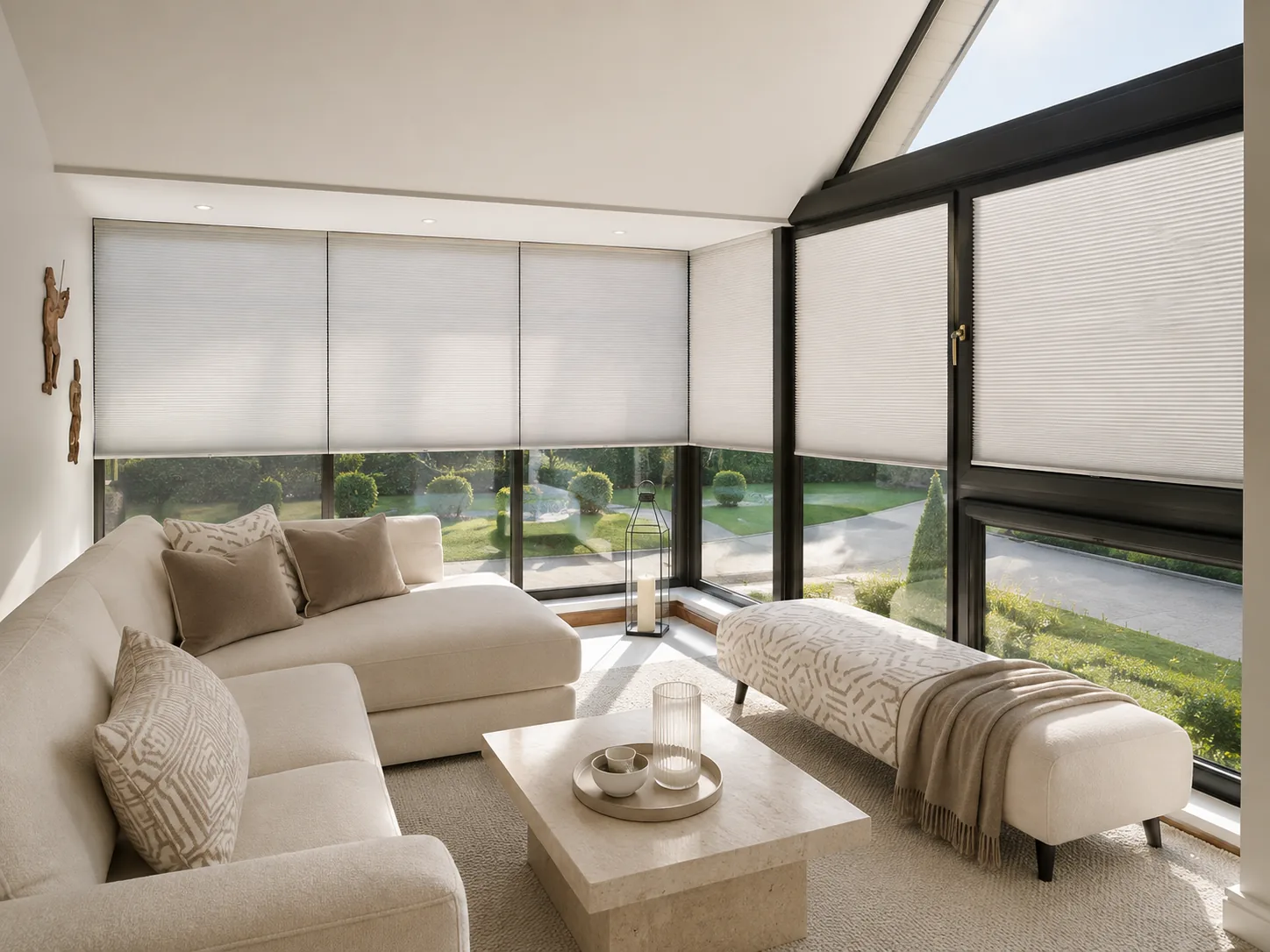 Motorised cellular blinds across wide modern glazing