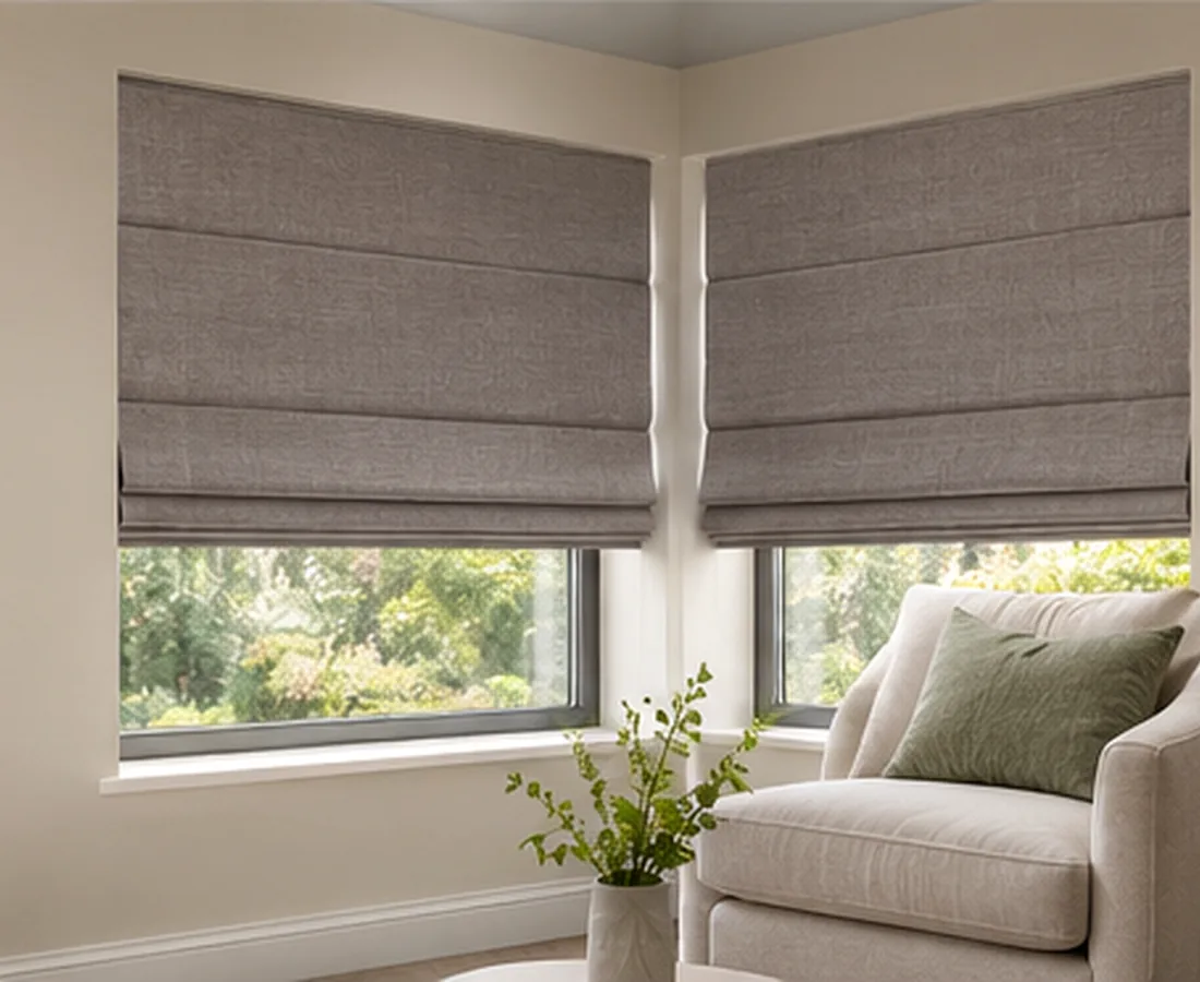 Chain-free motorised Roman blinds in a bright reading corner