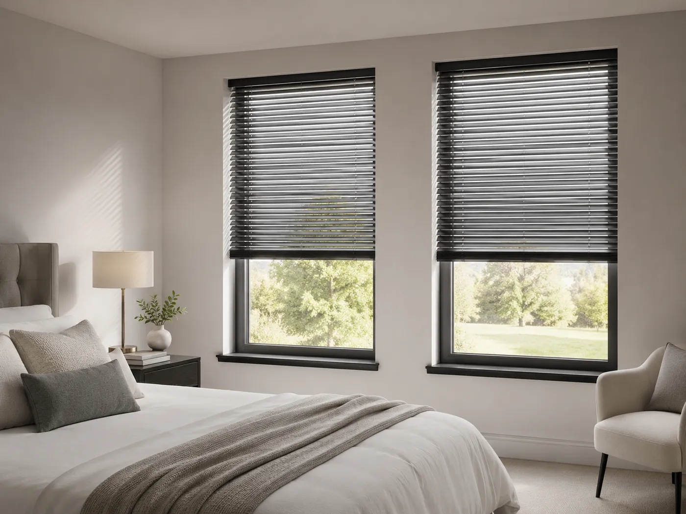 Dark Venetian blinds controlling daylight in a calm bedroom