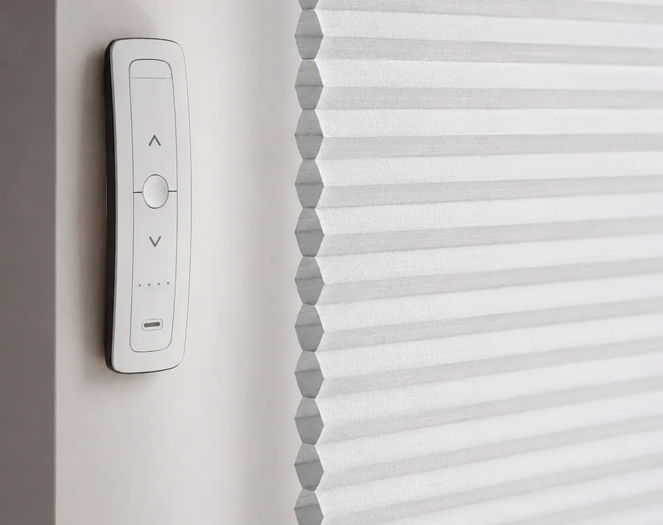 Somfy wall control beside a motorised cellular blind