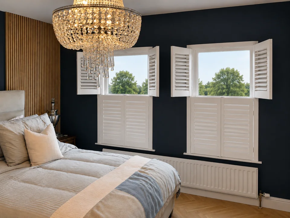 Bedroom visualisation showing Tier-on-Tier shutters with the upper panels open and lower panels closed