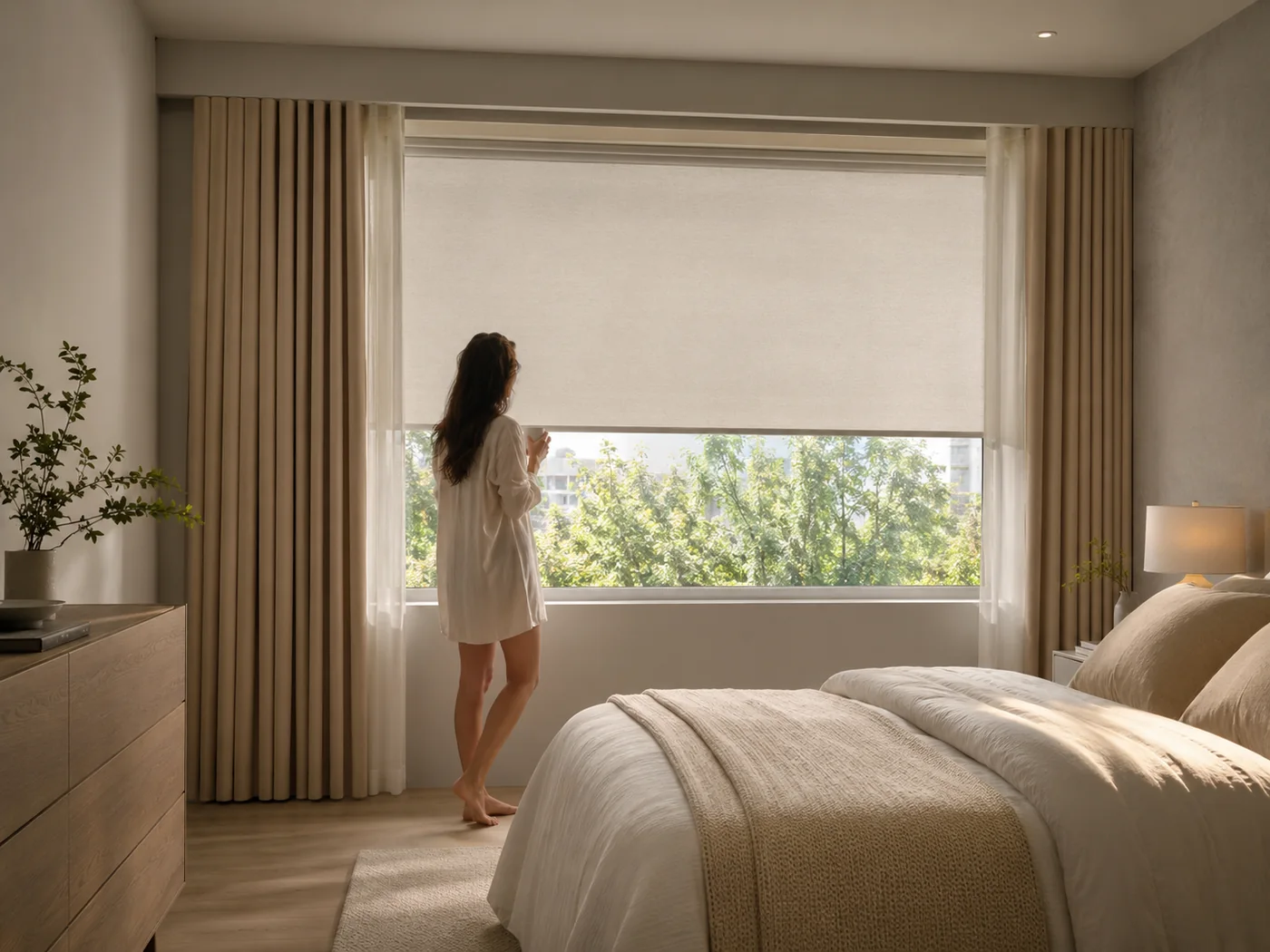 Bedroom with a partially lowered smart blind controlling soft morning light