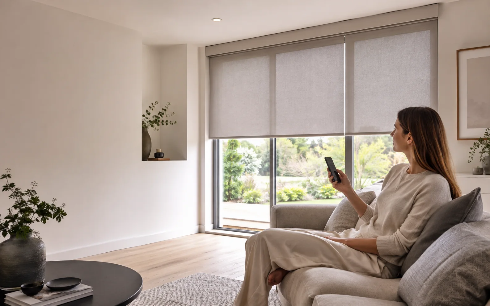 Homeowner using a smartphone to control Zigbee smart roller blinds in a bright contemporary living room