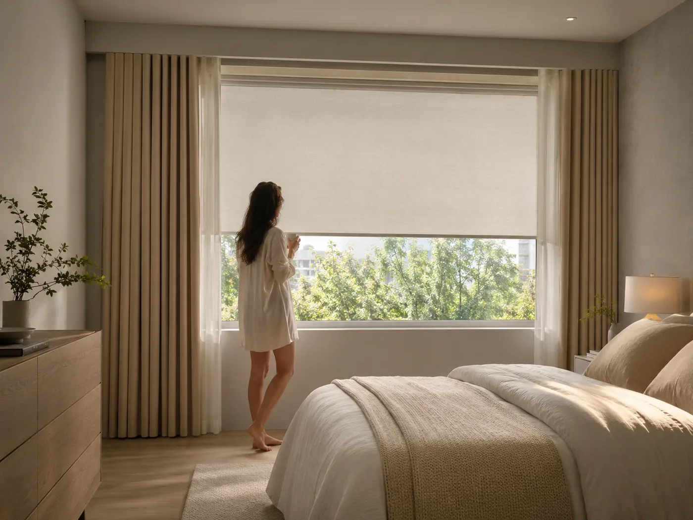 Quiet bedroom with motorised roller blinds controlling morning light