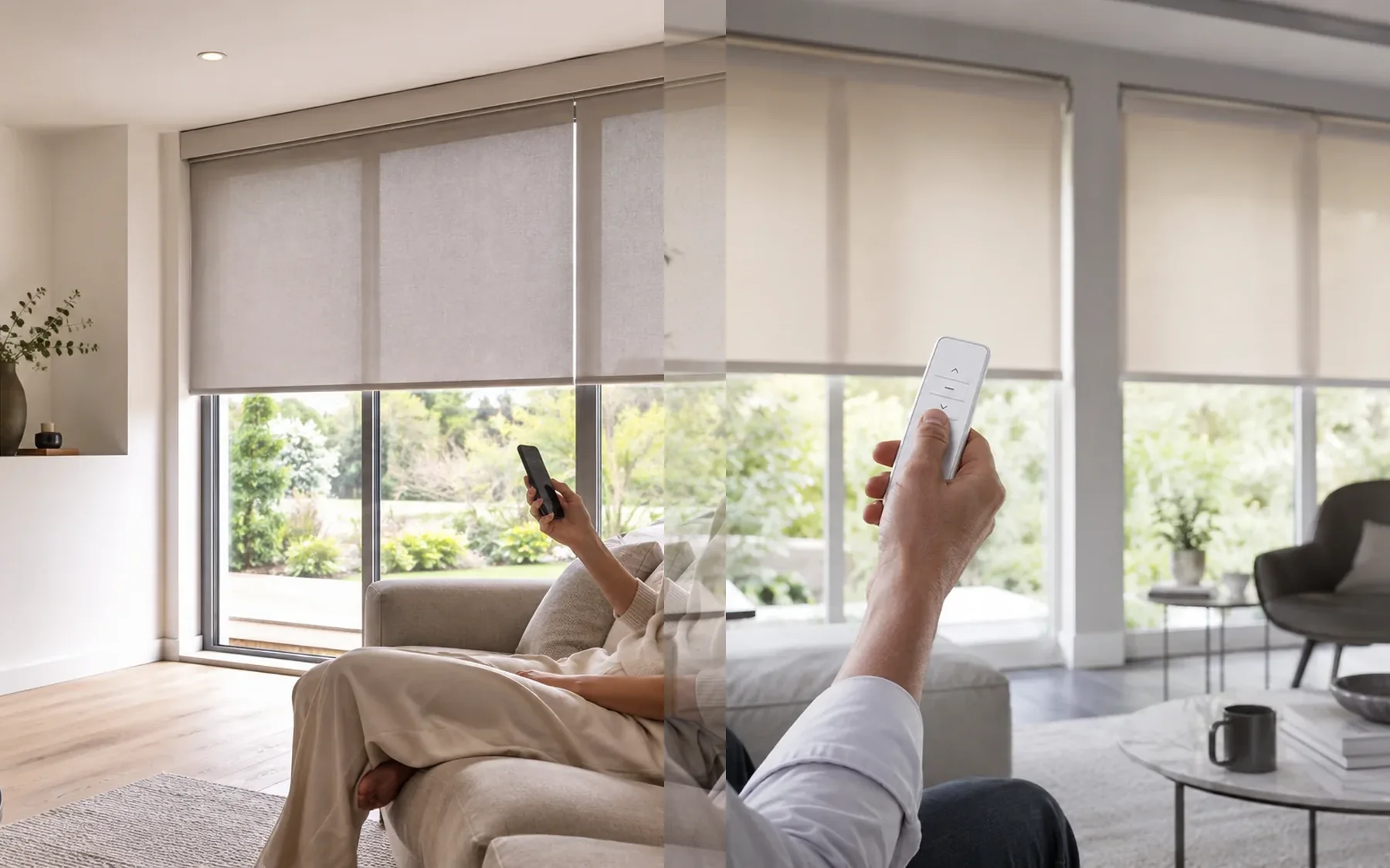 Smartphone-controlled and remote-controlled motorised blinds shown side by side