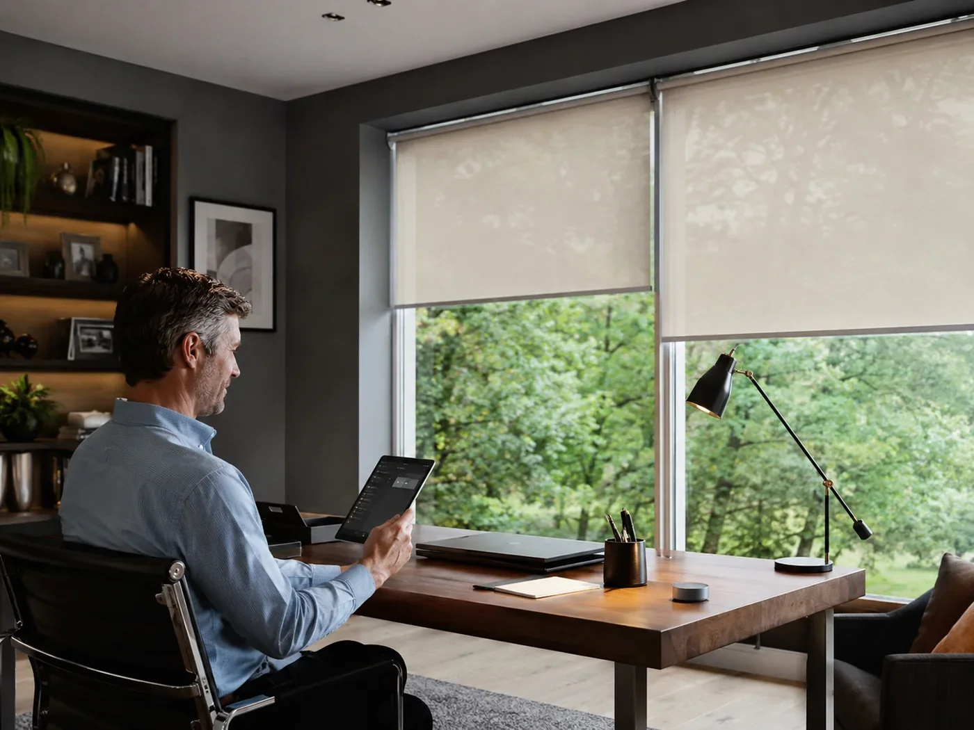 Home office with connected motorised blinds controlled from a tablet