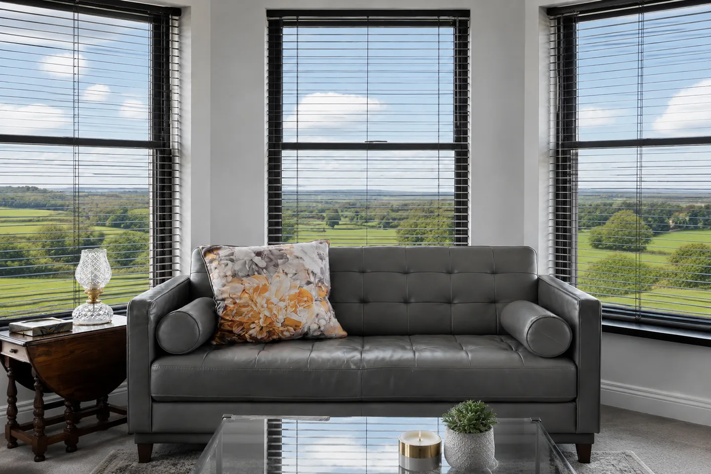 Illustrative living room with dark Venetian blind slats open for a clearer countryside view and more daylight