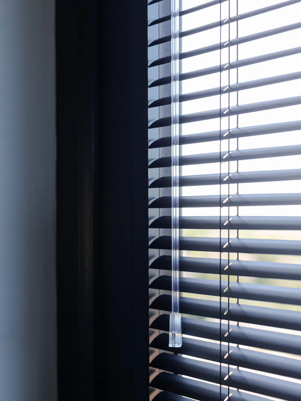 Close-up of dark aluminium Venetian blind slats and clear tilt control wand at a window
