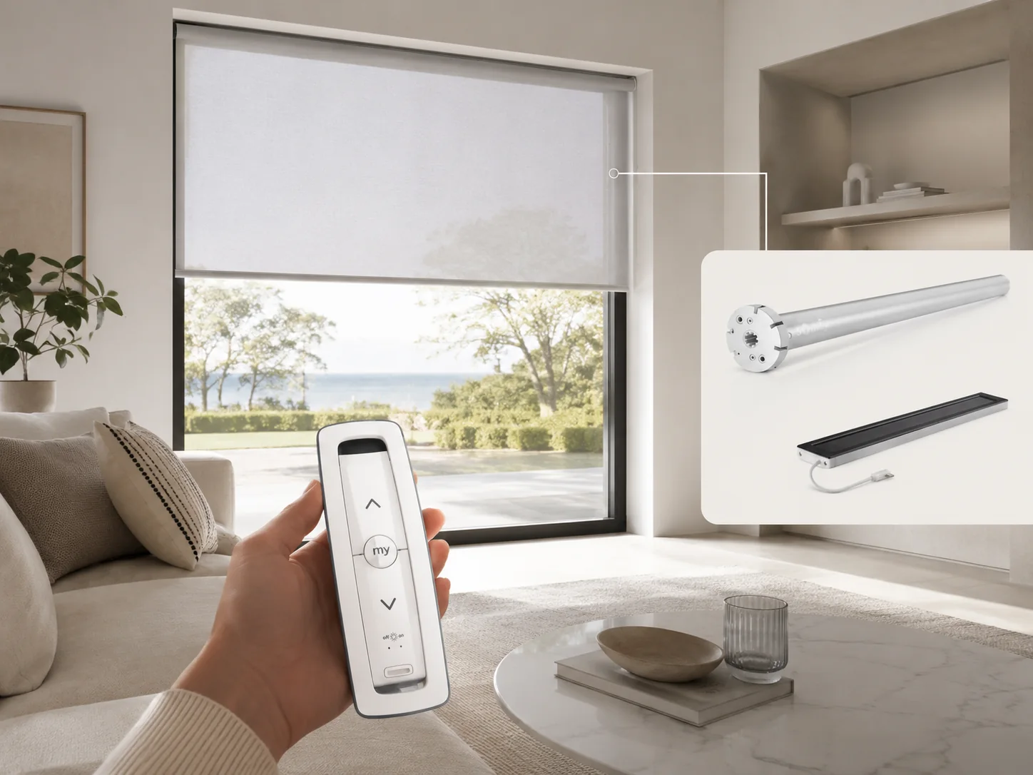 Motorised roller blind in a modern living room by Village Blinds and Shutters