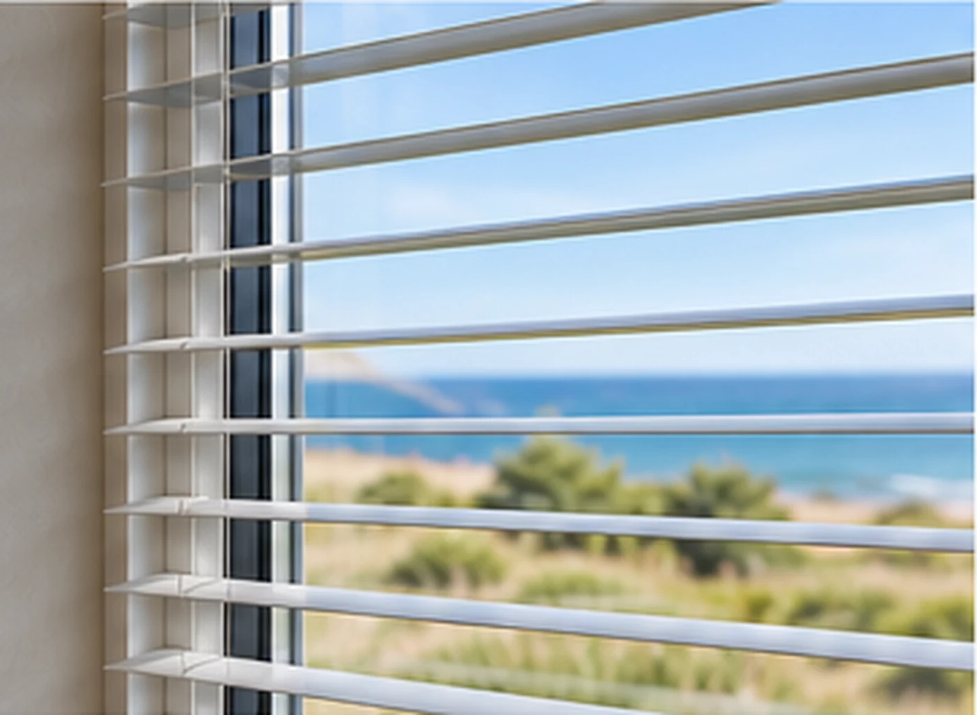 Aluminium Venetian blinds fitted in a static caravan with the slats open to retain daylight and the outward view