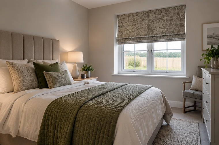Illustrative Ashley Hill ground-floor bedroom with a Roman blind, reflecting the bungalow and chalet-bungalow layouts.