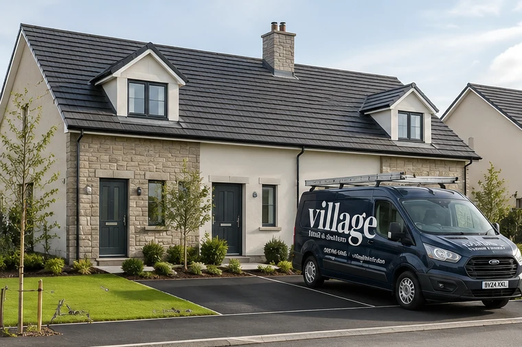 Illustrative Ashley Hill chalet-style home in Armagh with stone and render detailing and a Village Blinds and Shutters van outside.
