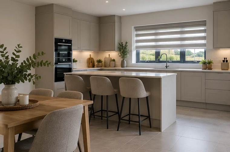 Illustrative Ashley Hill kitchen with a Day and Night blind in a neutral turnkey interior.