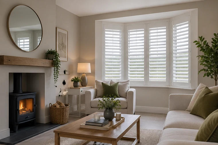Illustrative Ashley Hill living room with plantation shutters and a wood-burning stove, reflecting the development specification.
