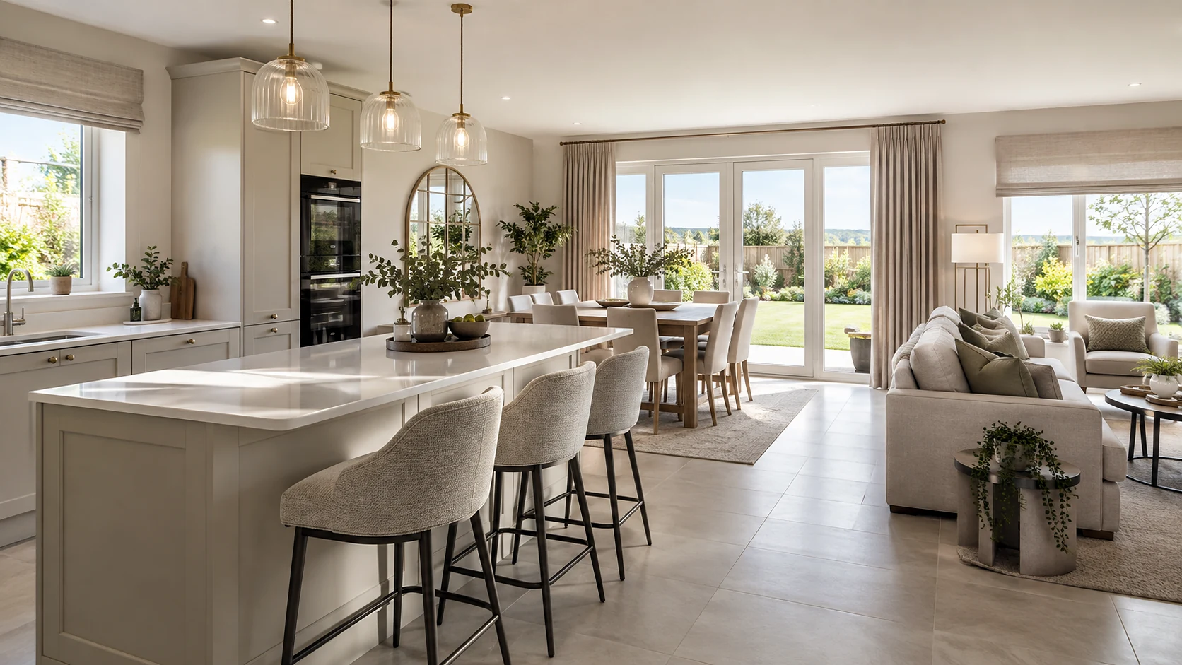 Ultra-realistic aspirational new-home interior illustrating made-to-measure window treatments for Ballantine Garden Village