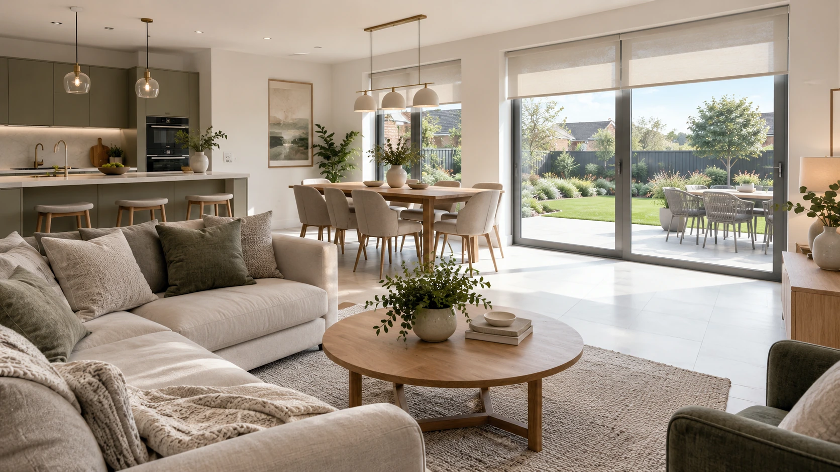 Wide family living space in a Beaufort Green home with large windows and simple made-to-measure blinds.